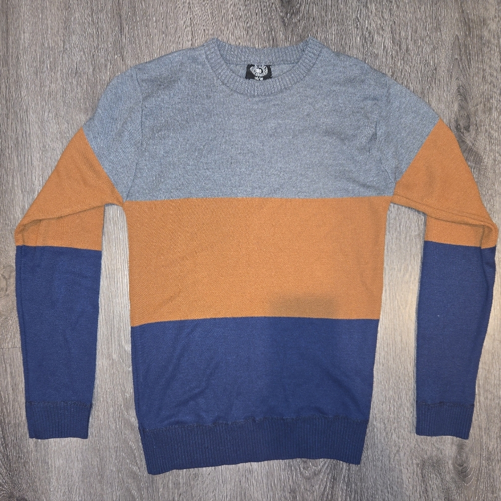 Men's Colorblock Crew Neck Sweater - Gray/Orange/Blue